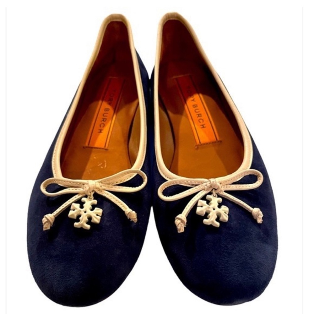Tory Burch Logo Charm Ballet Flats Navy Blue Suede